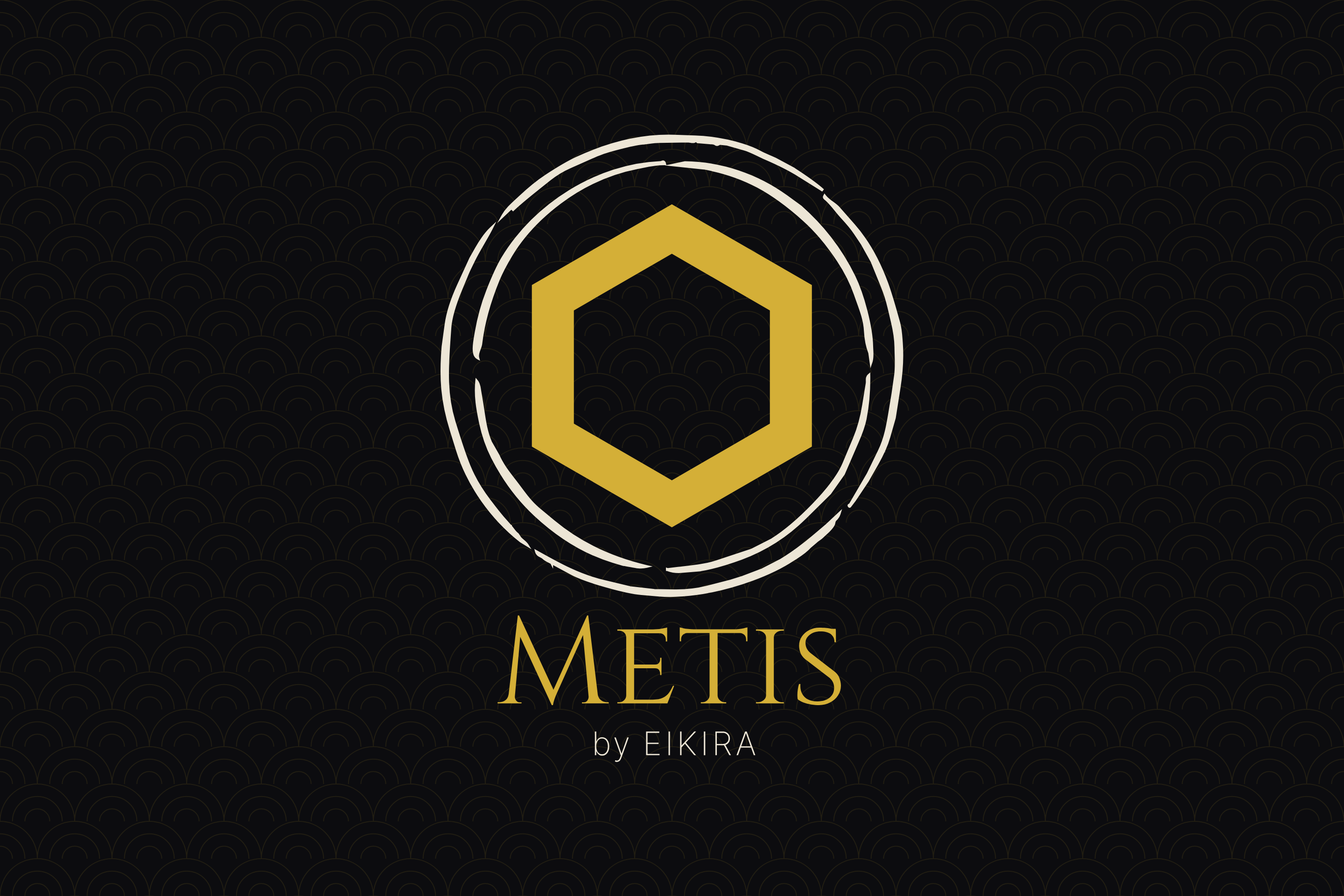 The Metis cover: an ivory double ring around a gold hexagon, above the name METIS in gold and &ldquo;by EIKIRA&rdquo; in ivory, on ink with a faint seigaiha wave pattern.