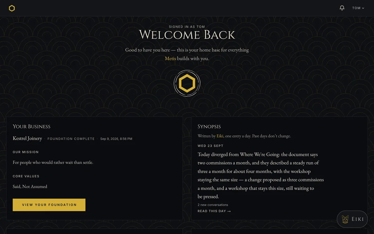 The dashboard today: the welcome, subtitle and mark still at the top, then the business in its own Your Business card beside the Synopsis card, both solid in front of the pattern, headings in ivory, the one button in gold.