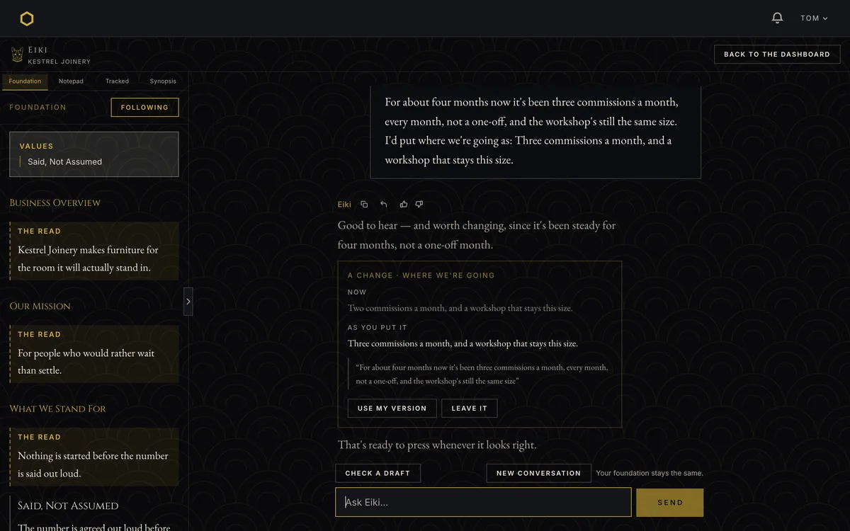 The chat today: the same reply and change card with no bubble around them, attributed by Eiki's name and spacing; the owner's message above it still sits in a bubble.