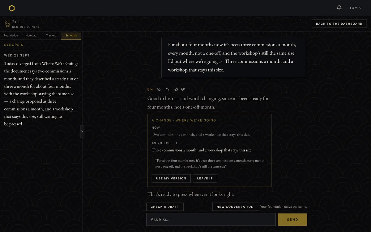 The rail on its Synopsis tab: one dated entry, Wednesday 23 September, recording that the day diverged from the foundation's Where We're Going and that a proposed change is still waiting to be pressed.