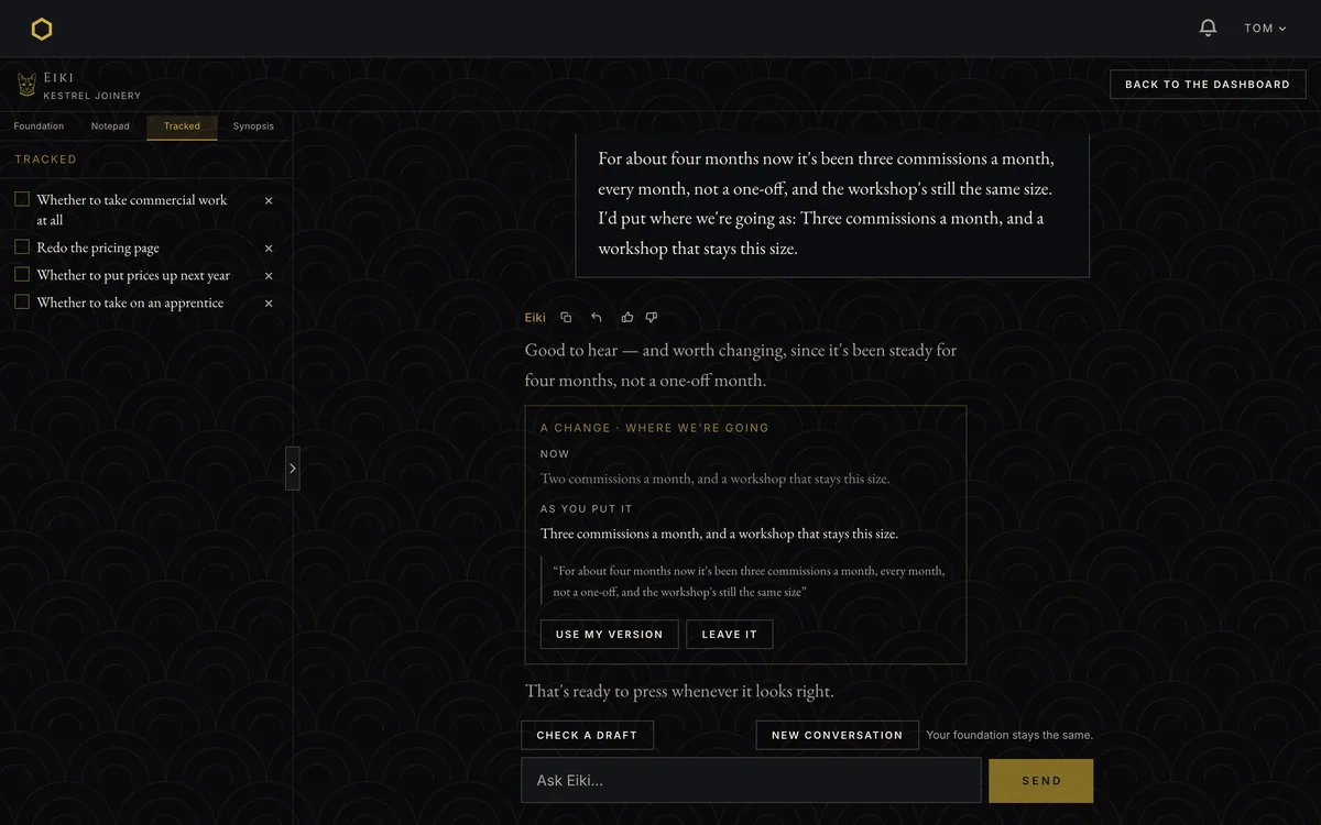 The rail on its Tracked tab: four open items, each with a checkbox and a remove control — whether to take commercial work at all, redo the pricing page, whether to put prices up next year, whether to take on an apprentice.