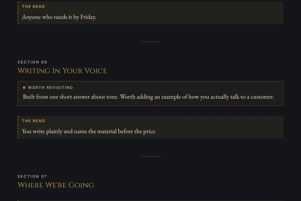 Section 06 of a foundation, Writing In Your Voice, with a Worth revisiting flag above its read: built from one short answer about tone, worth adding an example of how the owner actually talks to a customer.