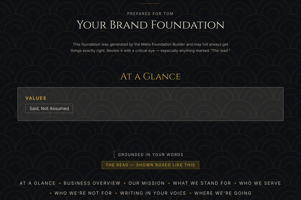 The top of a foundation, Your Brand Foundation, prepared for Tom: a note that it was generated and may not be exactly right, especially anything marked The read; an At a Glance box; and the key beneath it, Grounded in your words set plain and The read shown boxed.