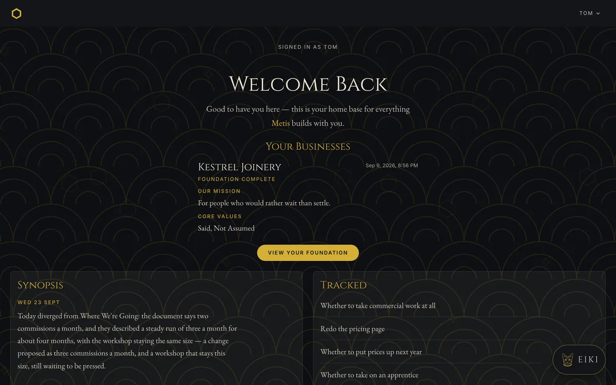 The dashboard before the redesign: a centered hero holding the welcome, the subtitle, a gold Your Businesses heading and the business summary with its button; the Synopsis and Tracked cards begin two-thirds of the way down, translucent over the pattern, with gold headings.