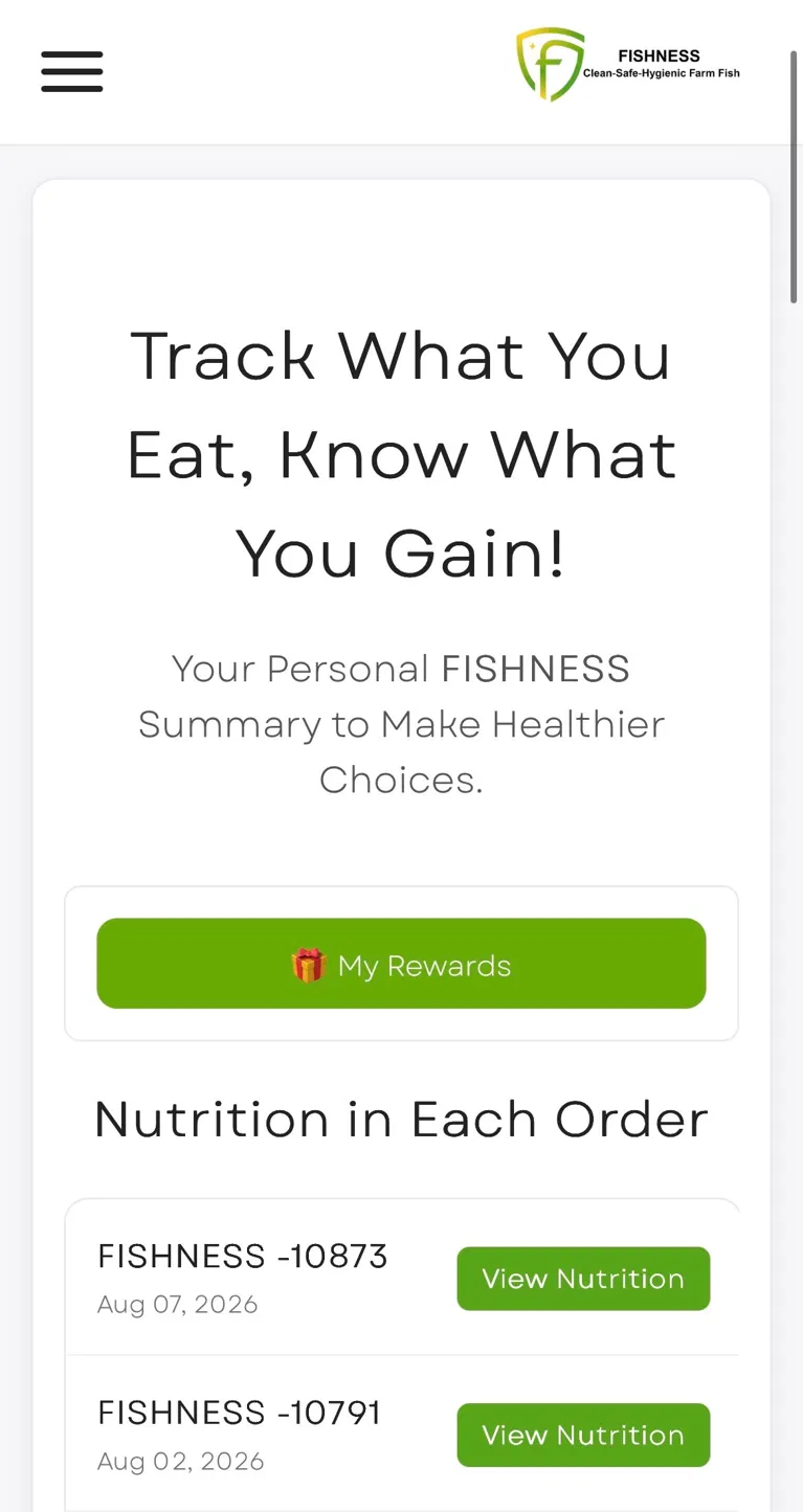 The dashboard as it is today on a phone: a marketing headline, a My Rewards button, and a list of orders, each with its own green View Nutrition button.
