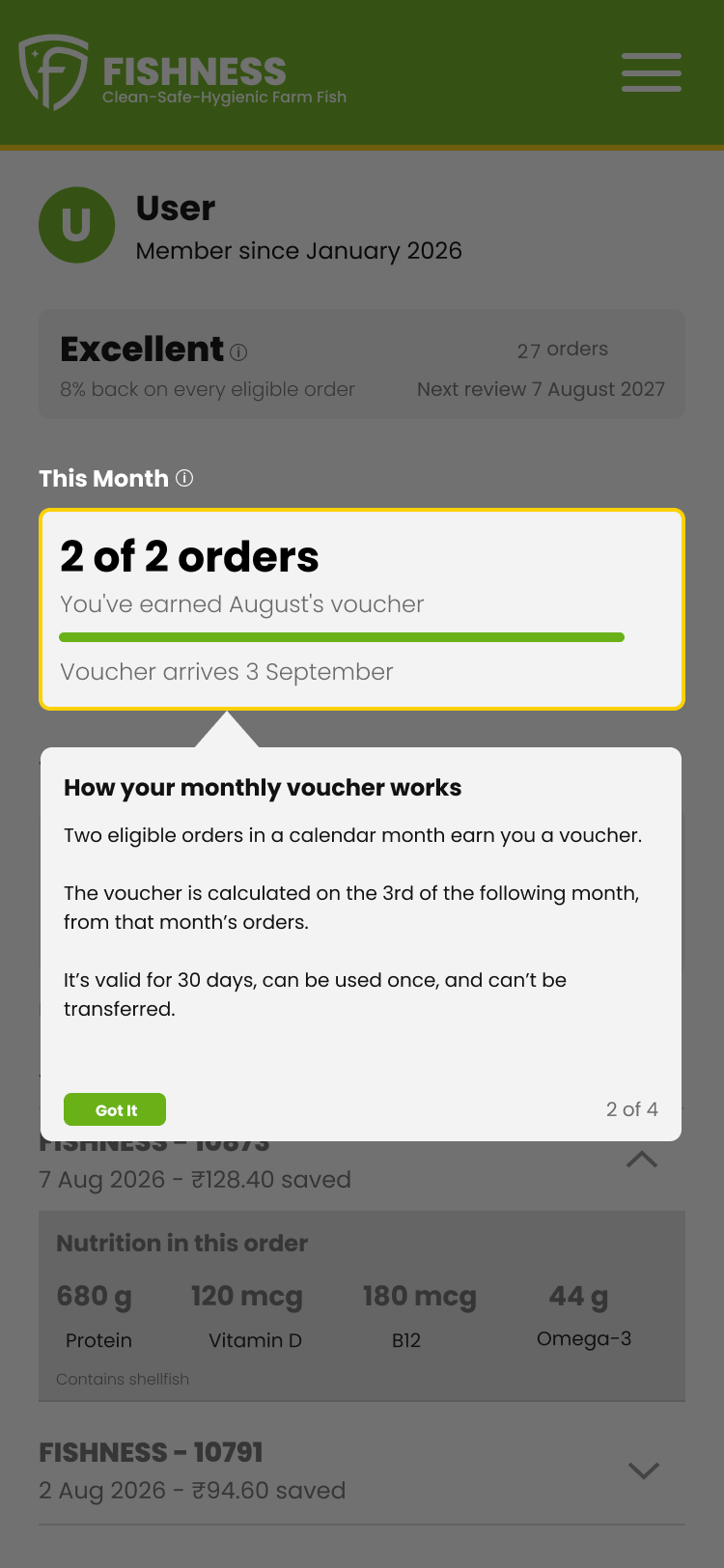 An explanation opened over a dimmed dashboard from a block's info icon, describing how the monthly voucher works in short steps, with a Got it button.