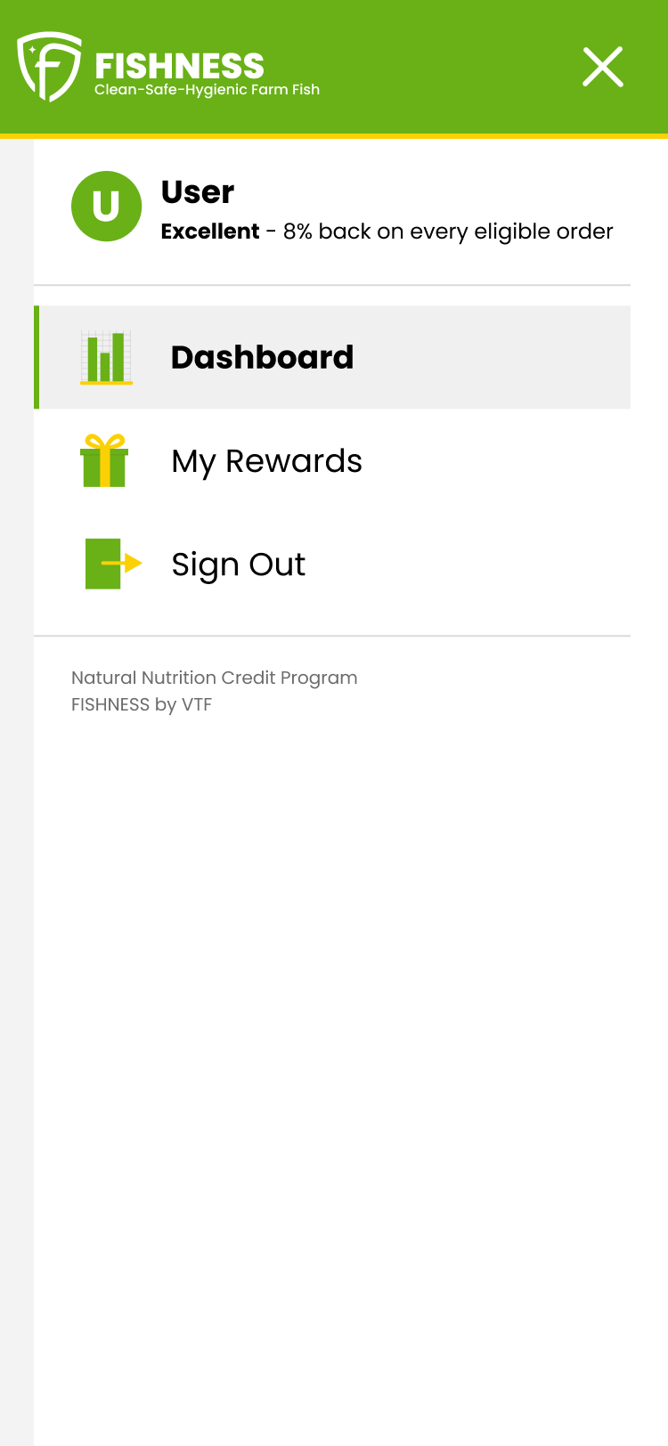 The proposed menu drawer on a phone: the member's name and category, then only Dashboard, My Rewards and Sign Out, with Sign Out in view.