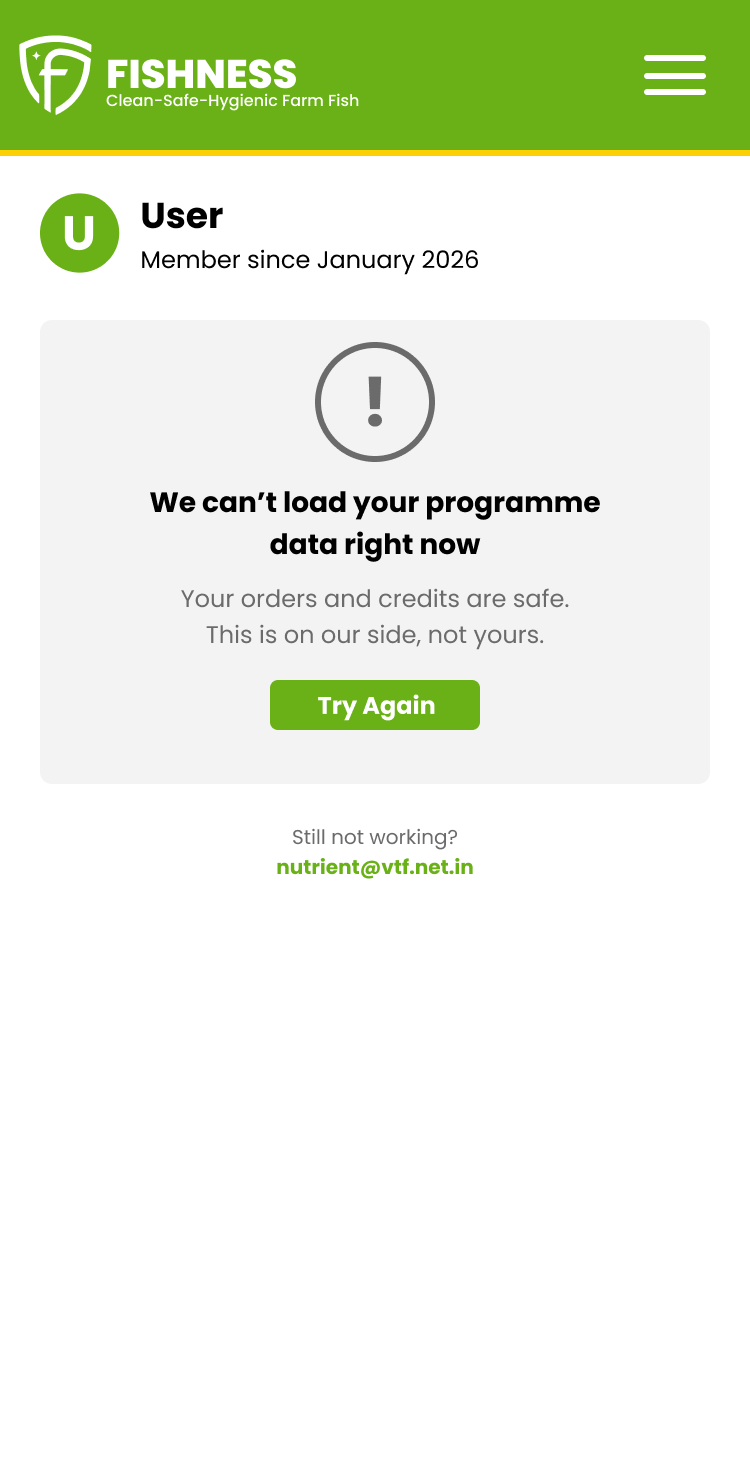 The error screen: a heading saying the program data can't load right now, a note that orders and credits are safe and the fault is on the company's side, a Try Again button and a support email address.