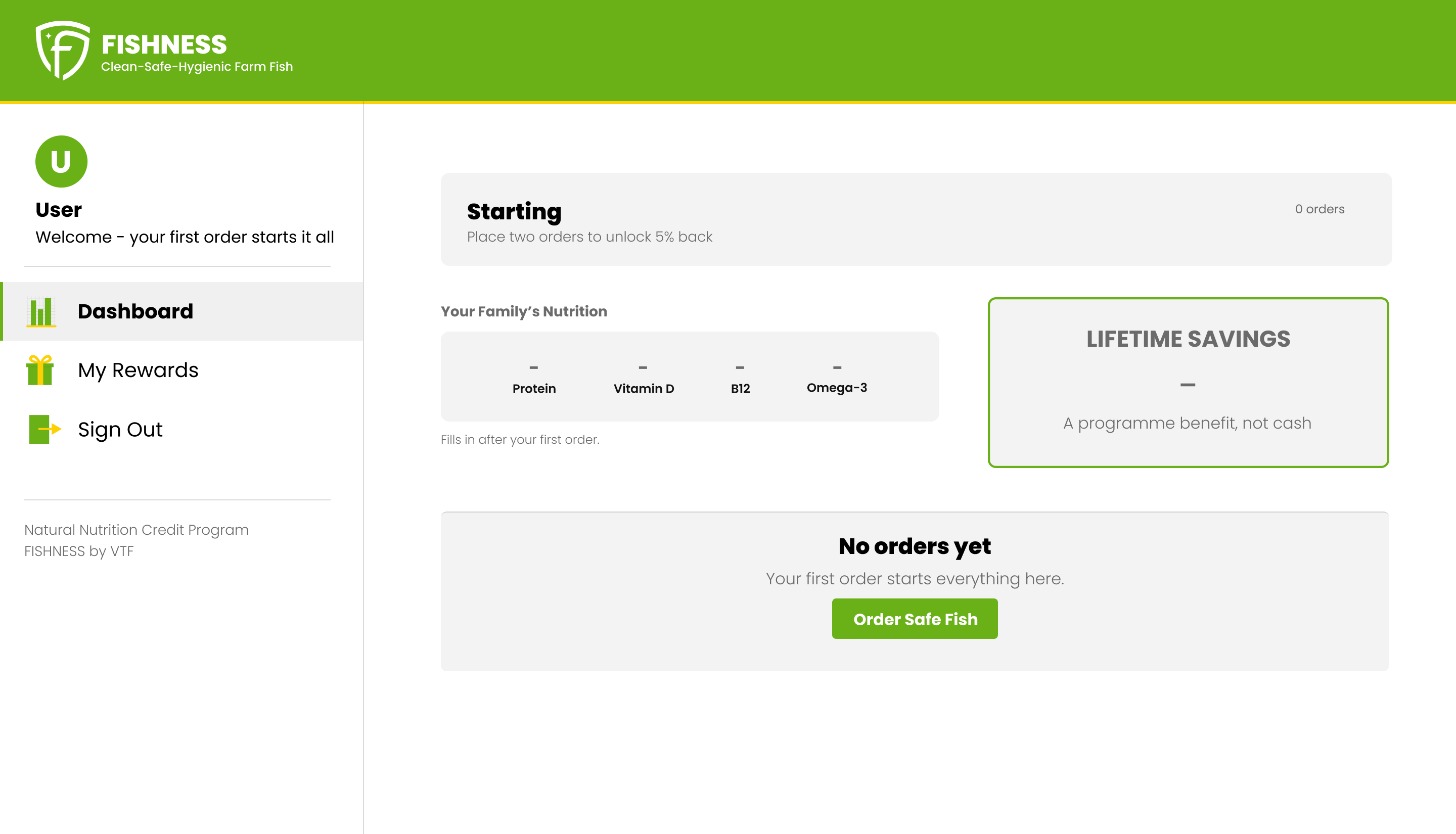 Version 1 dashboard on desktop for a new member: the category shown as Starting with 0 orders, dashes for nutrition and lifetime savings, and an Order Safe Fish button in the empty orders block.