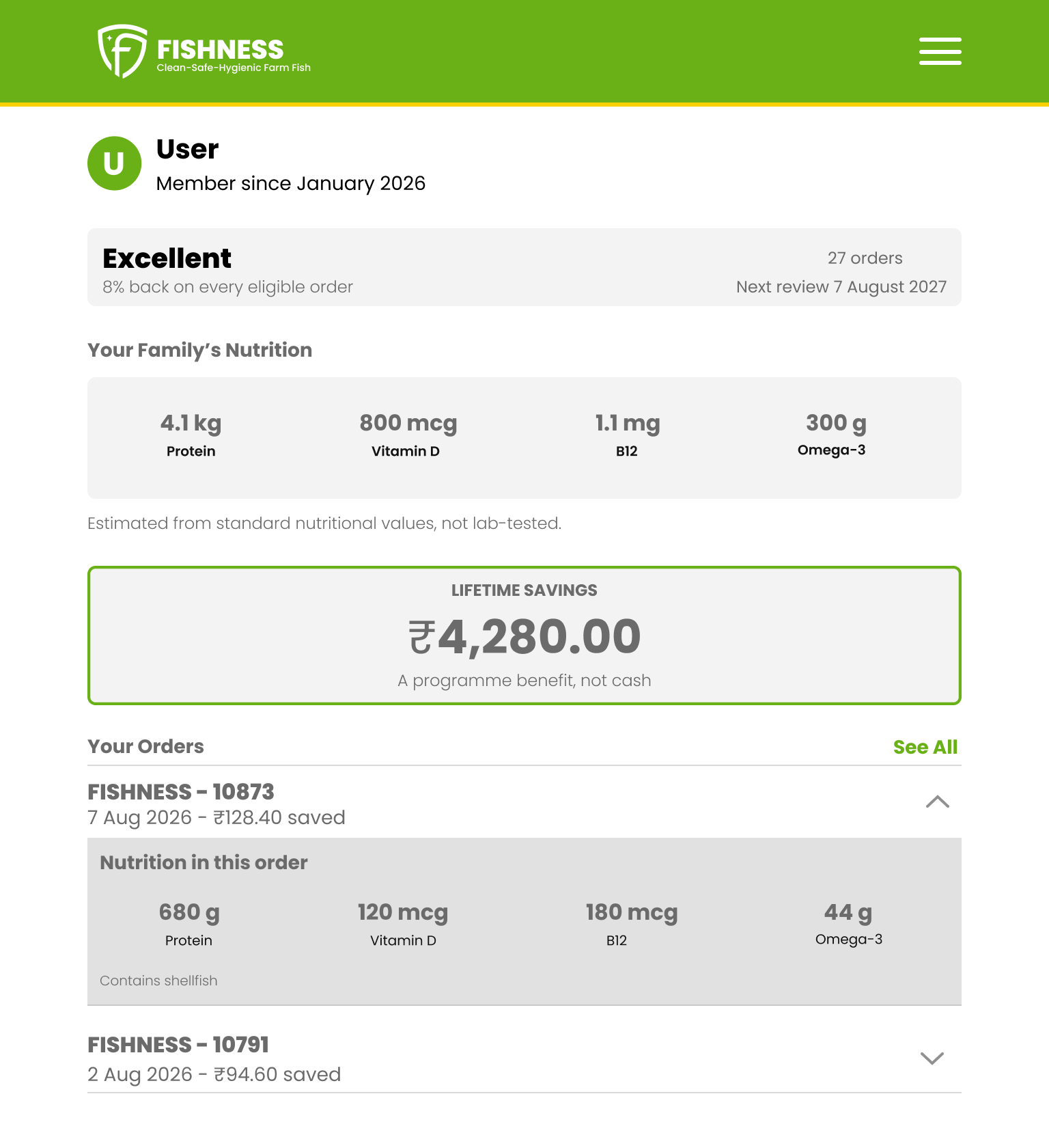Version 1 dashboard on tablet: category, nutrition totals, lifetime savings and the order list in one centered column, with one order opened.
