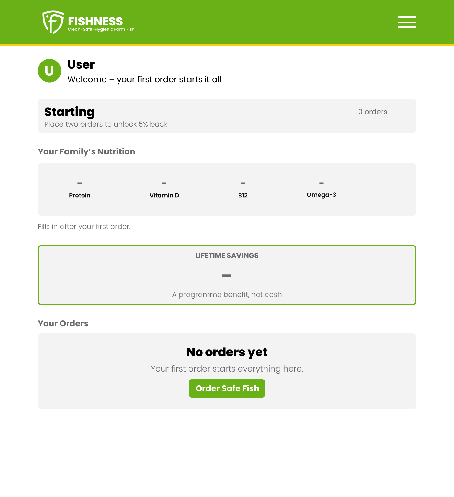 Version 1 dashboard on tablet for a new member: Starting, 0 orders, empty totals and savings, and the Order Safe Fish button.