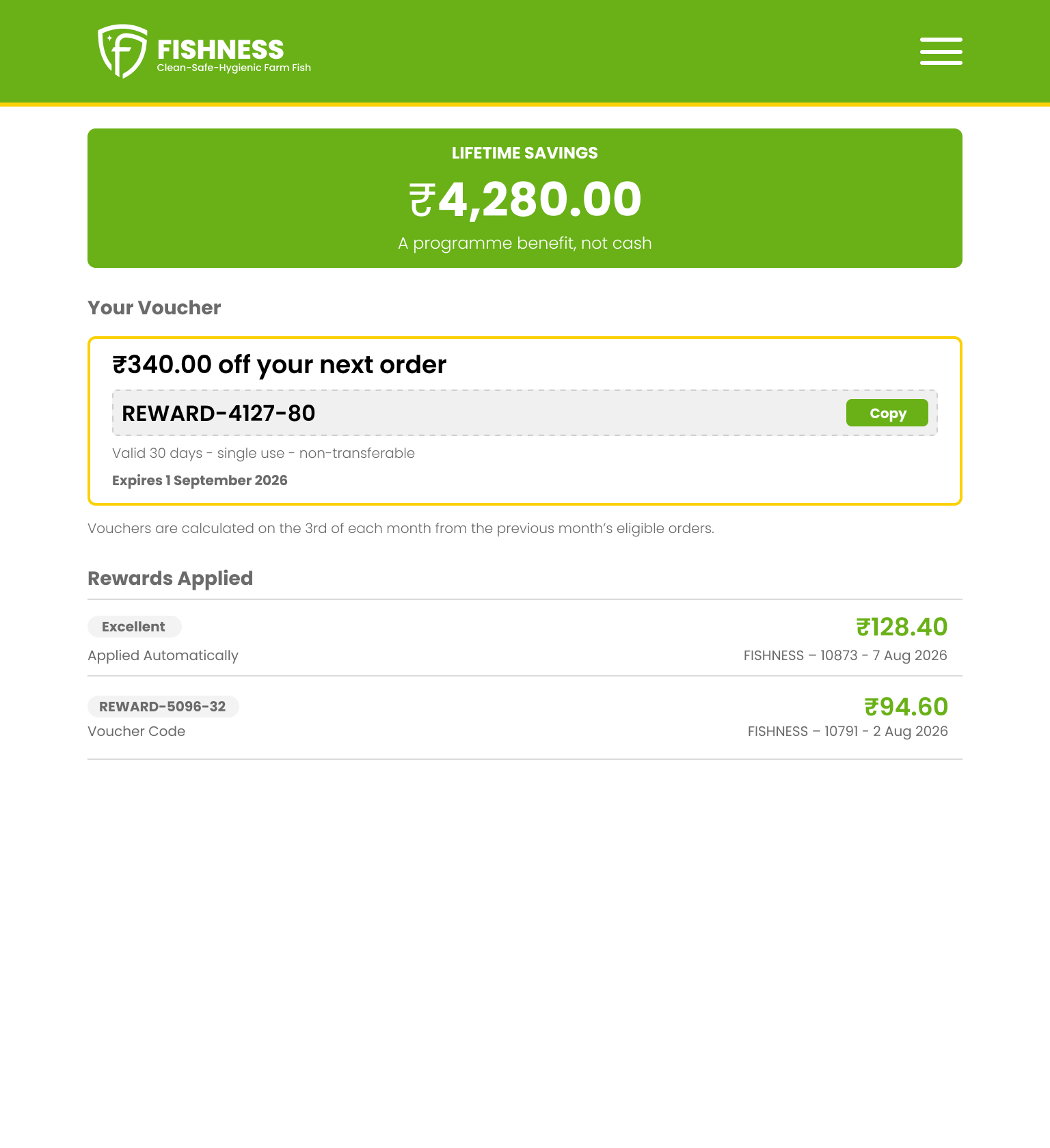Version 1 rewards page on tablet: the lifetime savings banner, the voucher code, and the rewards applied to each order.