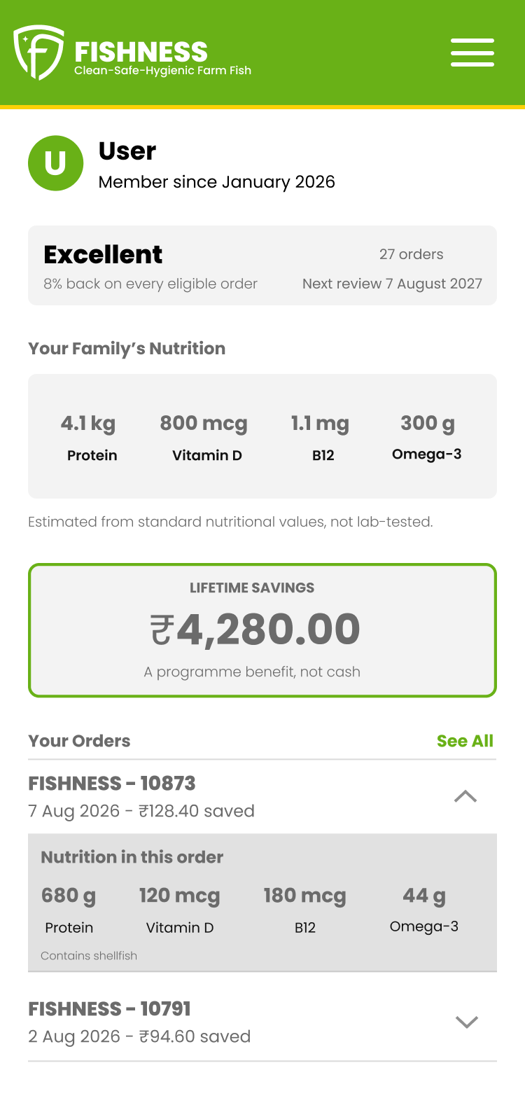 Version 1 dashboard on a phone with the first order opened in place to show its nutrition.