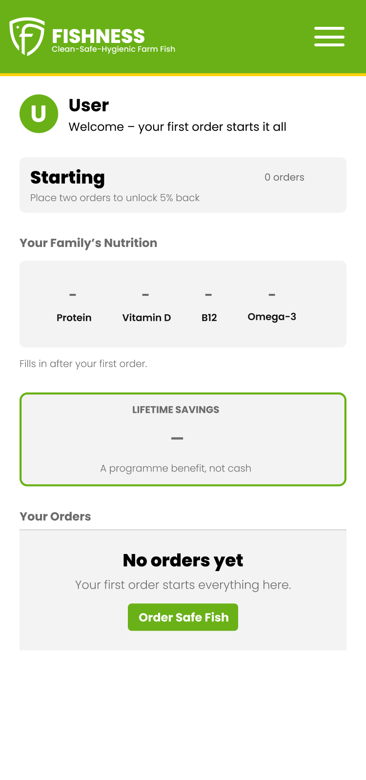 Version 1 dashboard on a phone for a new member: Starting, 0 orders, dashes for totals and savings, and the Order Safe Fish button.