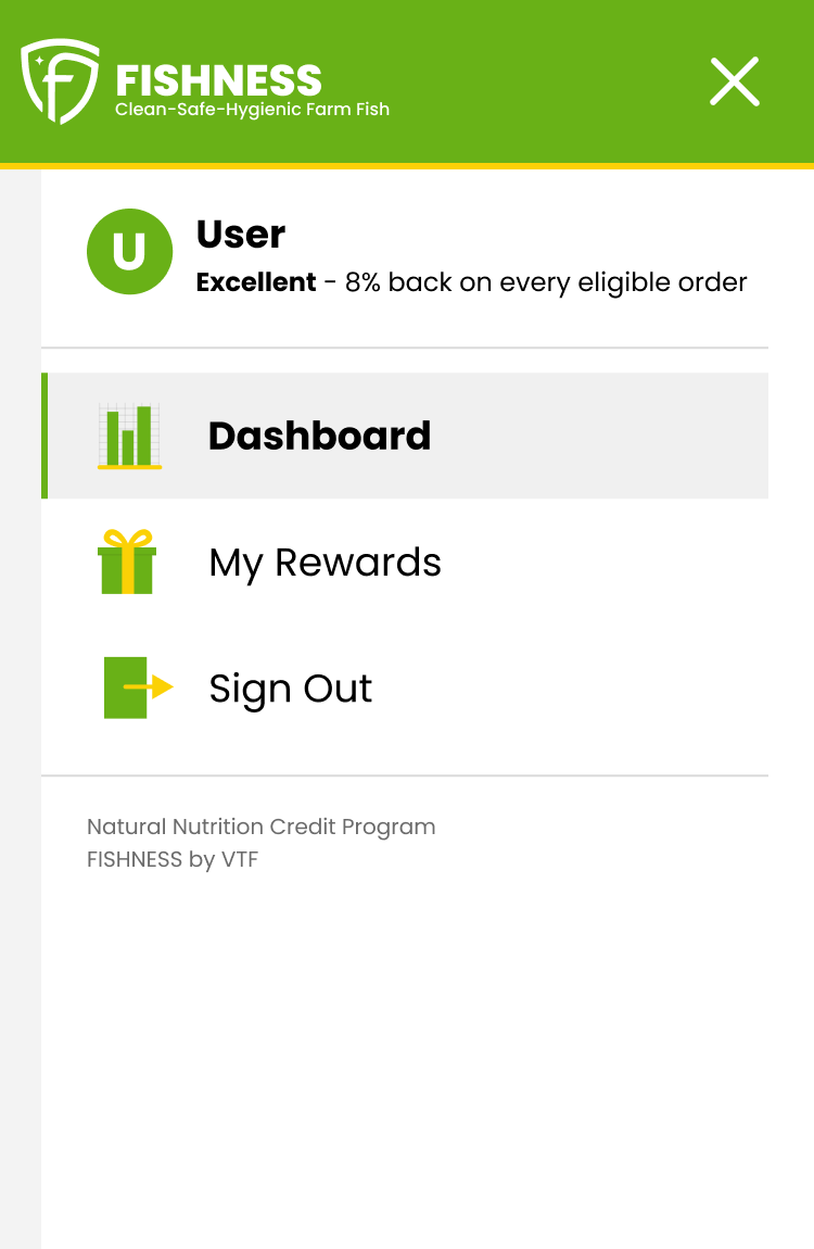 Version 1 menu drawer on a phone: the member and their category, then Dashboard, My Rewards and Sign Out, with Sign Out in view.