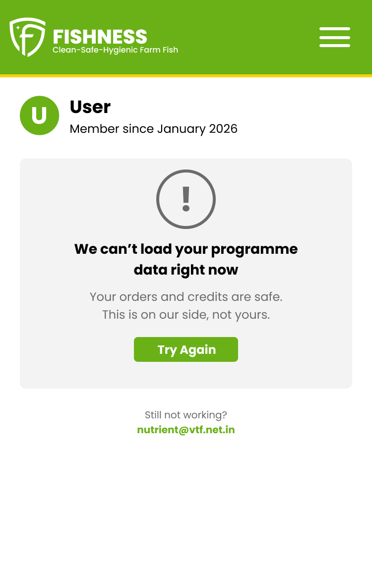 Version 1 error screen on a phone: the program data can&rsquo;t load right now, orders and credits are safe, a Try Again button and a support email address.