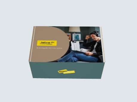 Closed headset box: a teal carton with a circular window showing product photography, and the YellowHub mark.