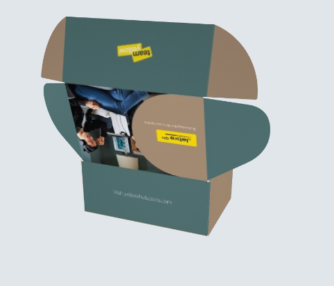 The box open from the reverse, showing how the die-line folds and where the messaging lands.