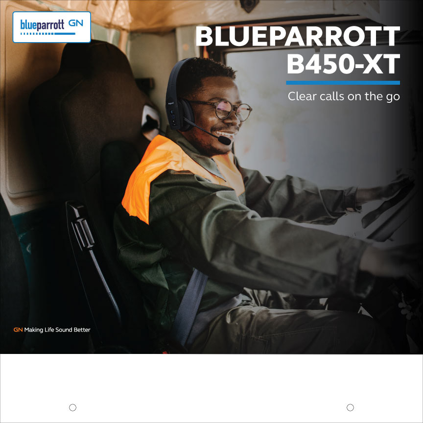 Flat panel artwork for the BlueParrott B450-XT, blue, with feature callouts above a blank lower field.