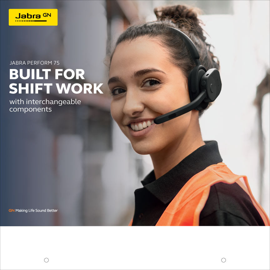 Flat panel artwork for the Jabra Perform 75, headed &ldquo;Built for shift work&rdquo;, above a blank lower field.