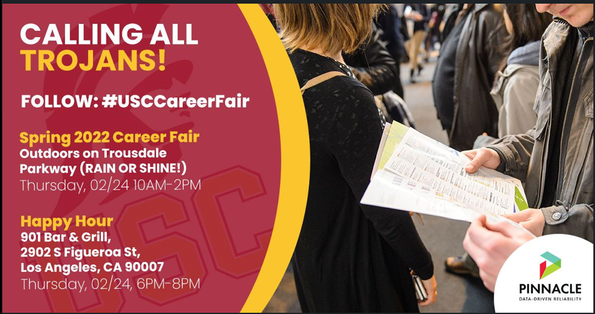 USC recruitment post: &ldquo;Calling all Trojans!&rdquo; in white and gold on a cardinal field, with career fair dates and the Pinnacle mark.