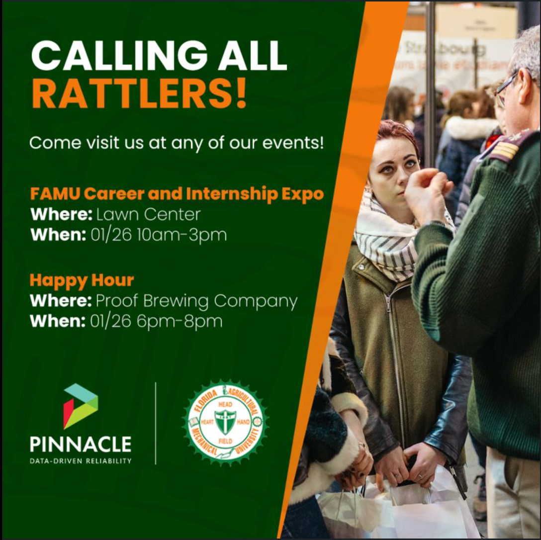 FAMU recruitment post: &ldquo;Calling all Rattlers!&rdquo; in white and orange on a green field, with event details and the Pinnacle and FAMU lockup.
