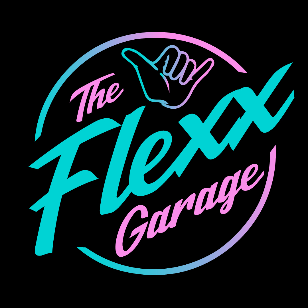 The Flexx Garage static logo lockup: a neon cyan and pink script mark with a shaka hand, on black.