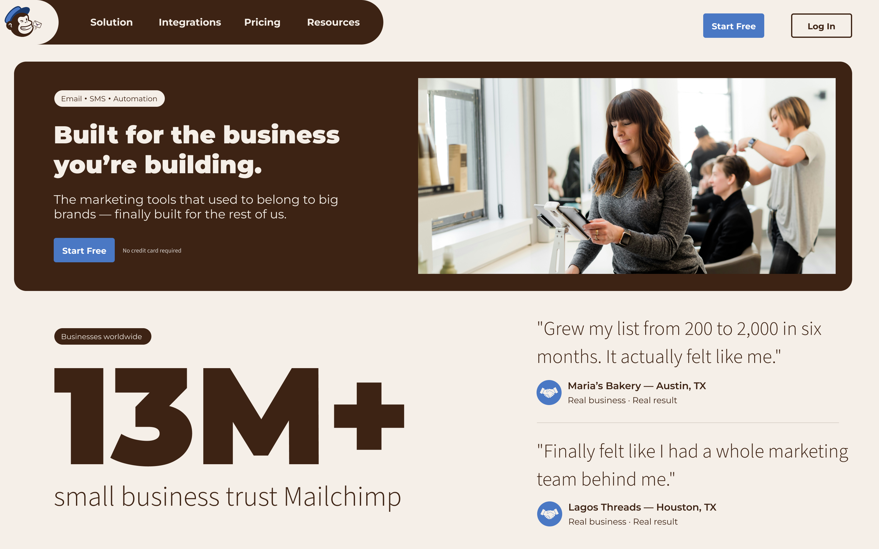 Mailchimp homepage redesign: the reworked hero reading &ldquo;Built for the business you&rsquo;re building&rdquo;.