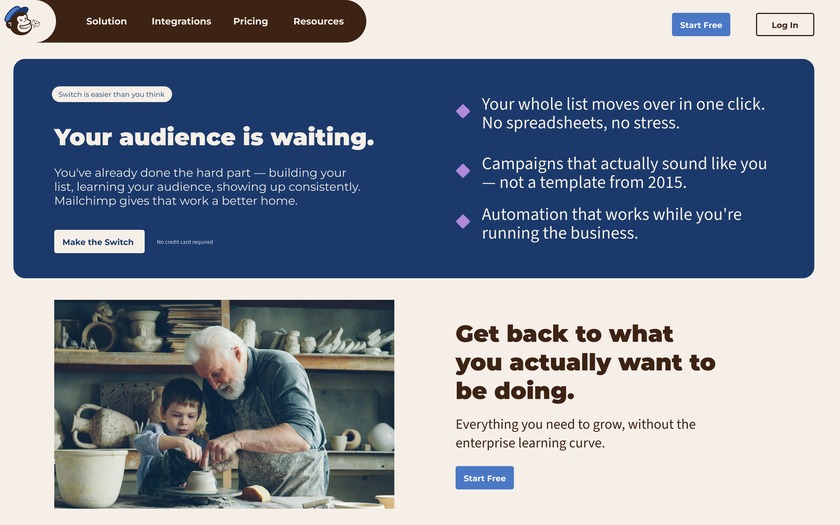 After: the redesigned Switch page, headed &ldquo;Your audience is waiting.&rdquo; on a Confident Blue panel, with a photograph of a potter and an apprentice below.