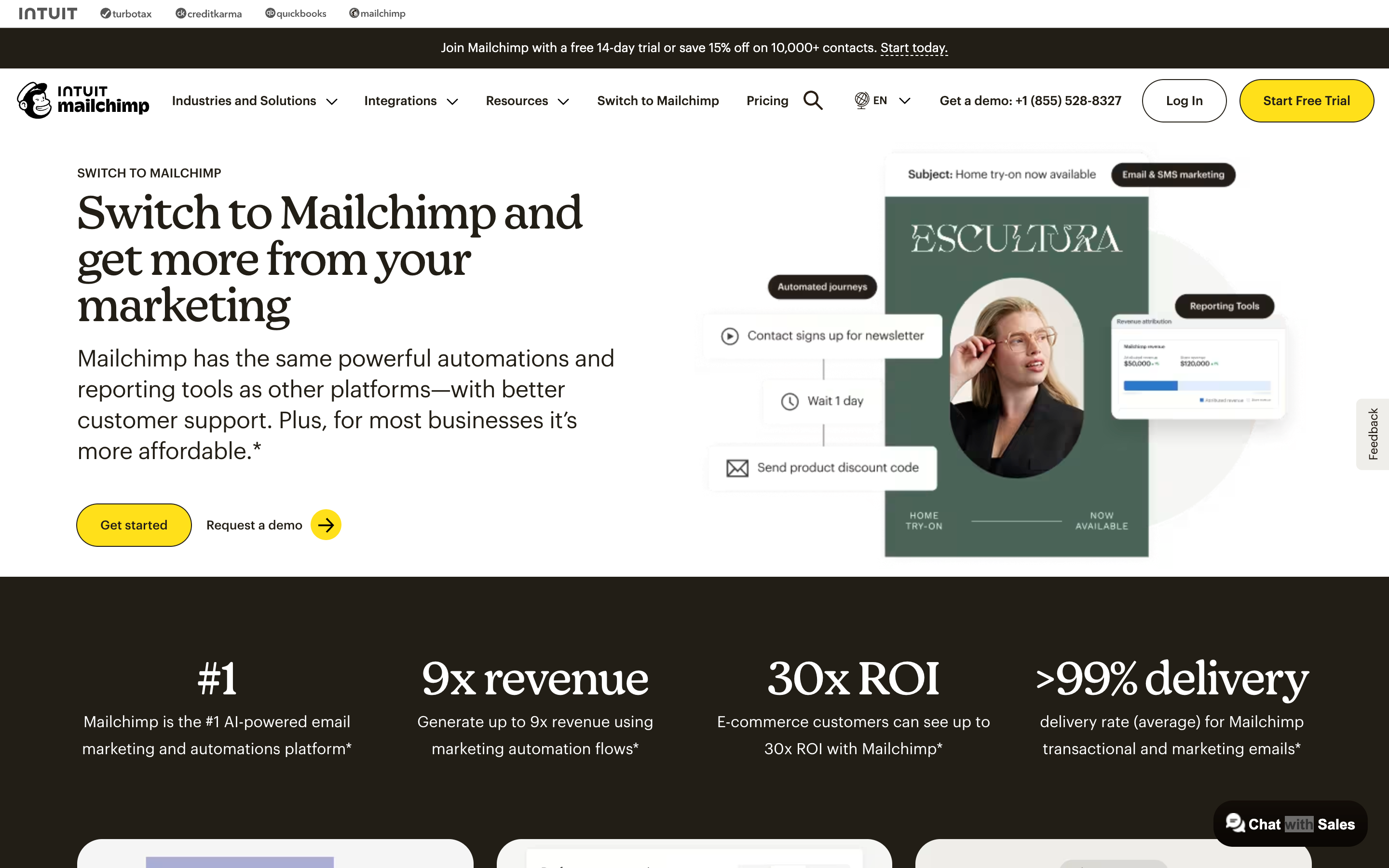 Before: the live Intuit Mailchimp Switch page, headed &ldquo;Switch to Mailchimp and get more from your marketing&rdquo;, with Cavendish Yellow buttons and a dark statistics band.