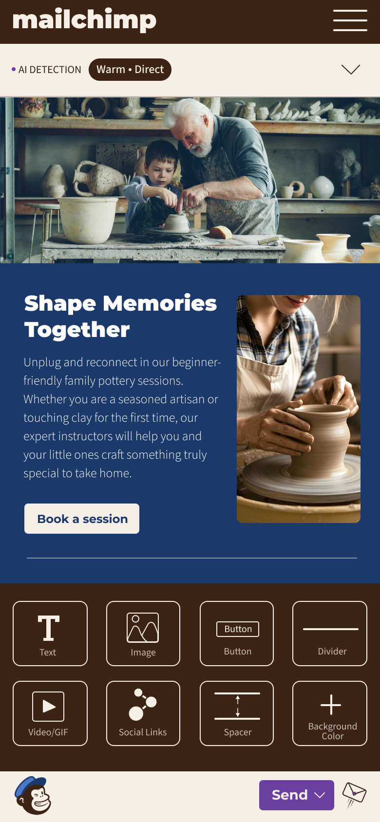 Mobile email builder: a Heritage Brown app bar, a campaign preview, and a Founder&rsquo;s White block palette of text, image, button, divider, video, social, spacer and background-color tiles.