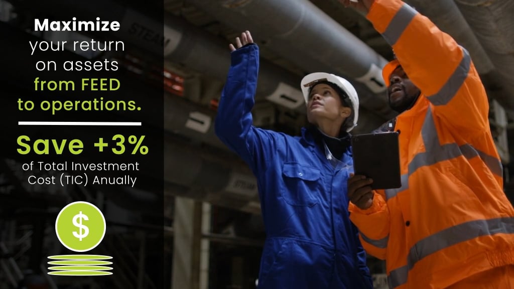 Frame from the Pinnacle explainer: the line “Maximize your return on assets from FEED to operations” beside two engineers inspecting plant equipment.