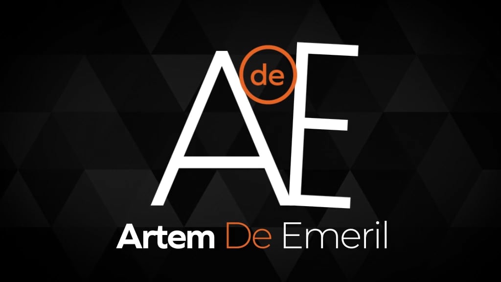 Frame from the Artem De Emeril logo animation: the AE monogram in white and orange on a dark faceted ground.