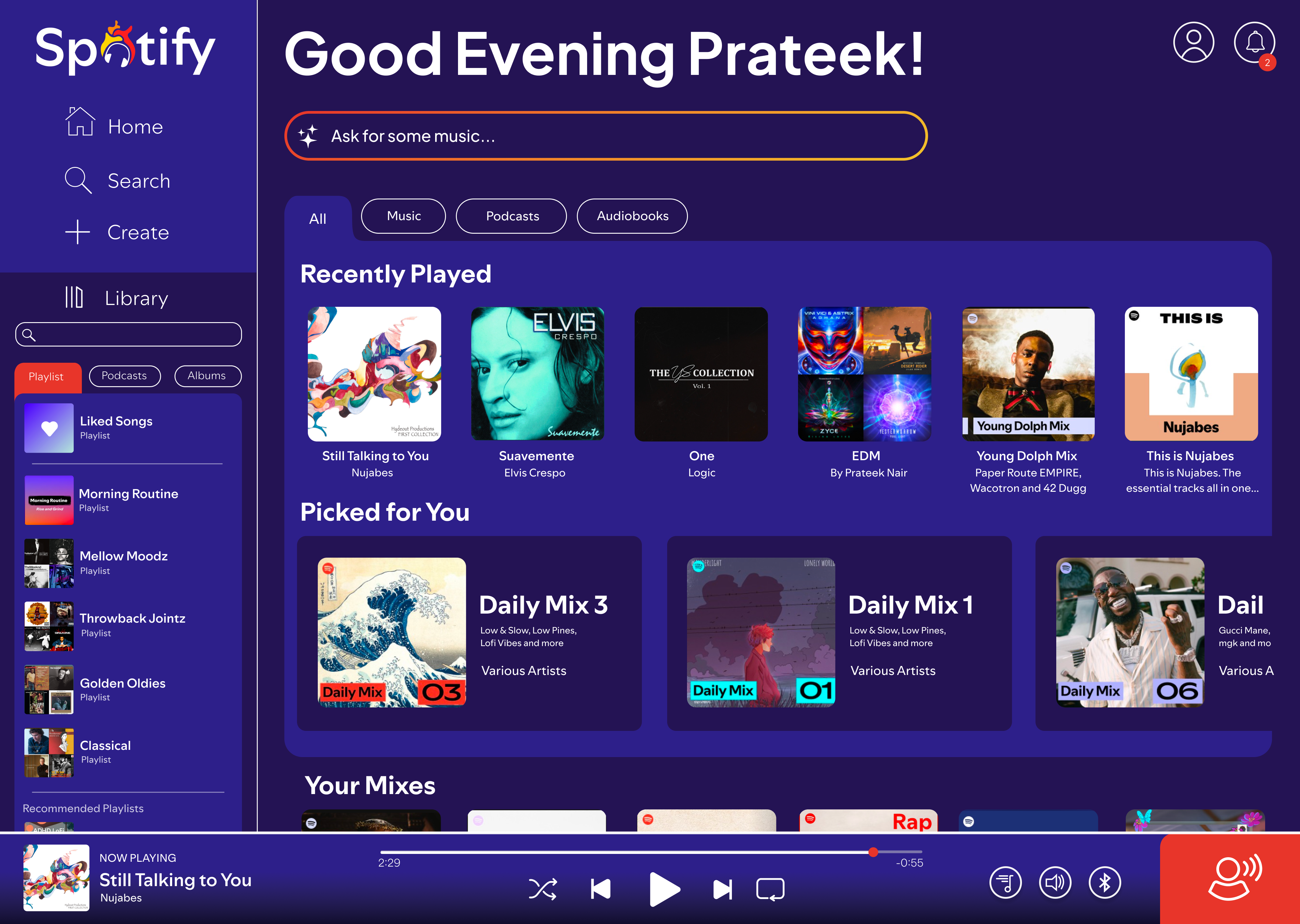 Spotify desktop home redesign, with the personalised greeting and Recently Played shelf.