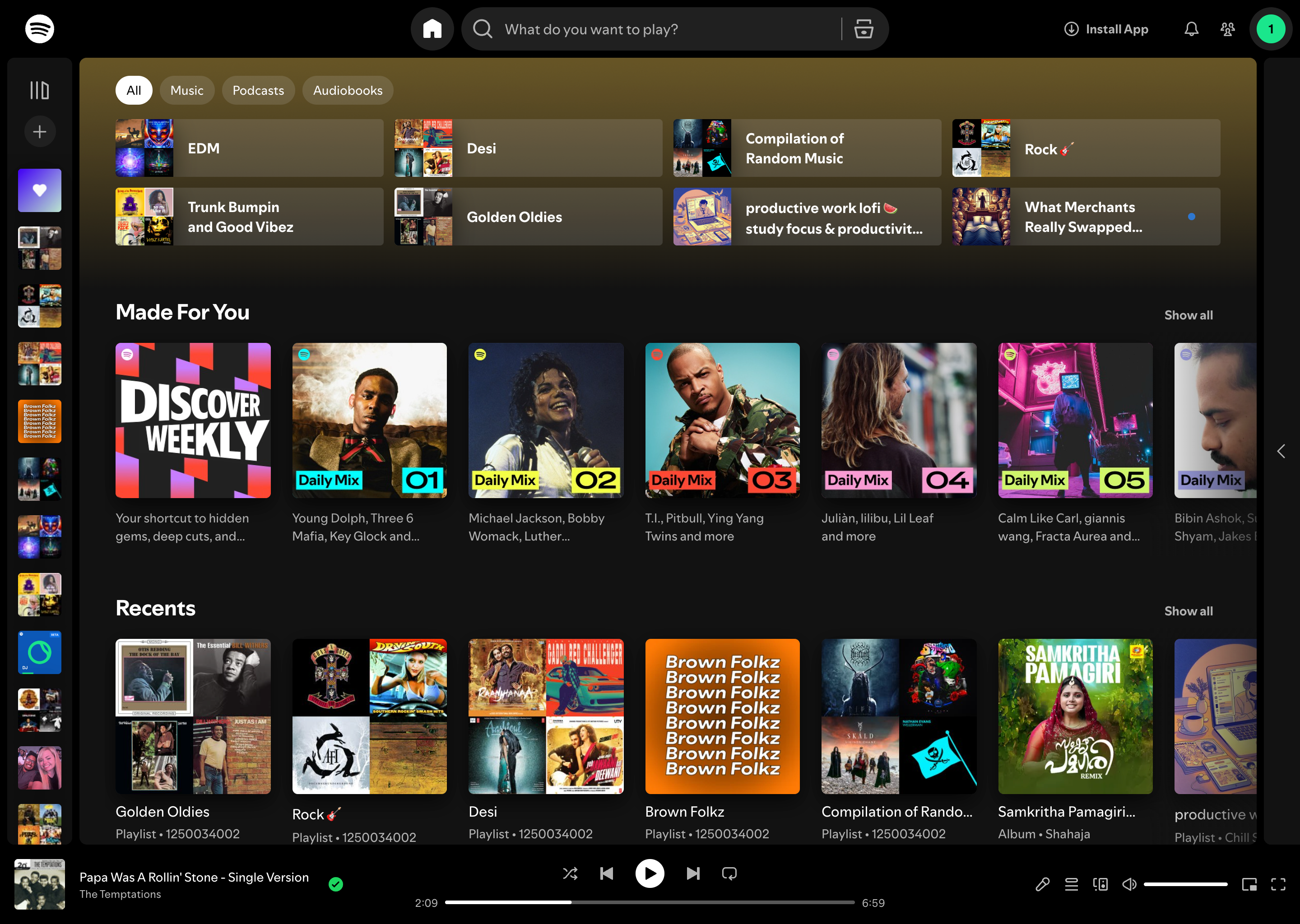 Before: the live Spotify desktop home, a black canvas with a green accent, a left sidebar and rows of album thumbnails.