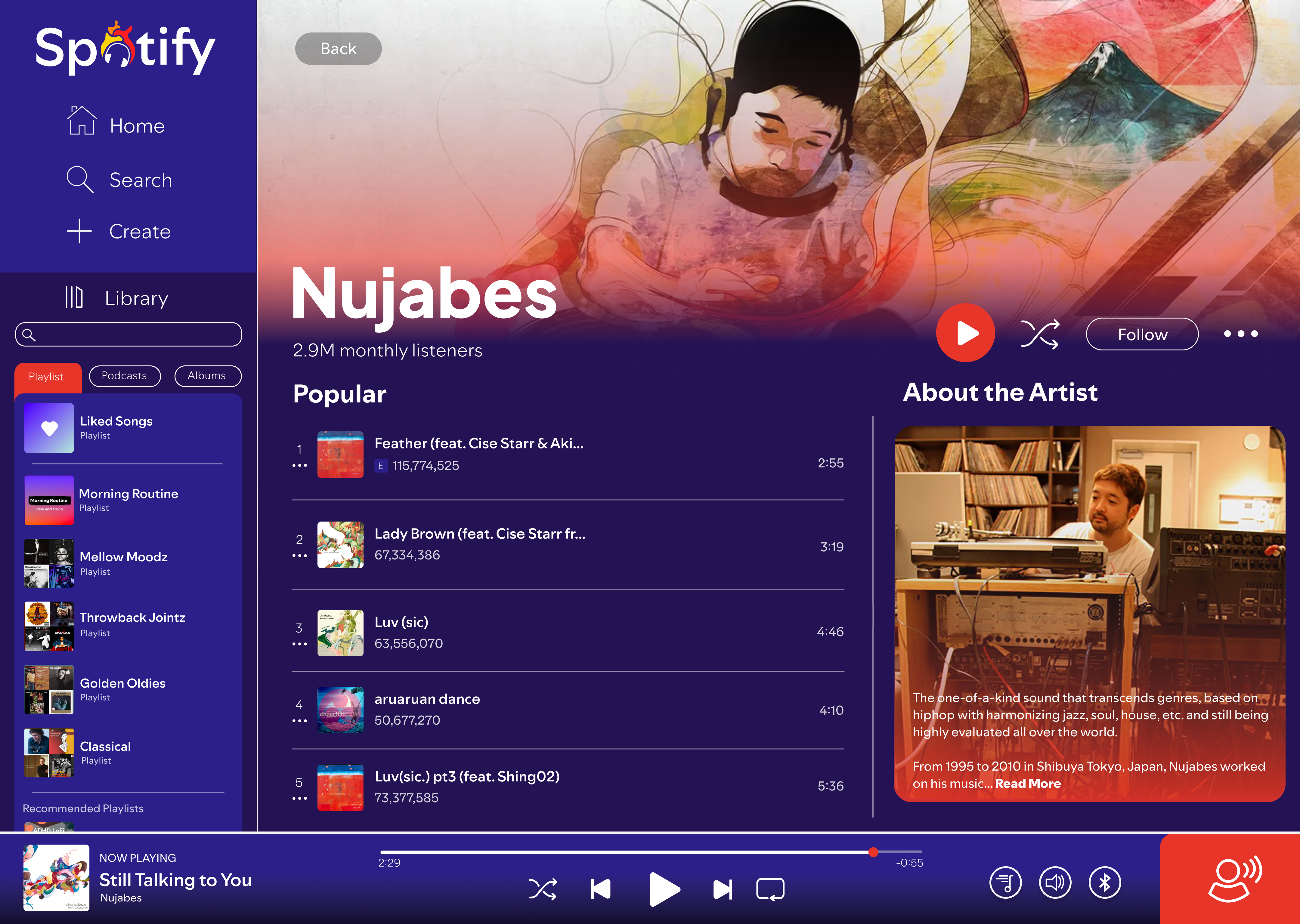 Artist page on the redesigned desktop canvas, the background gradient taking its color from the artist's cover art.
