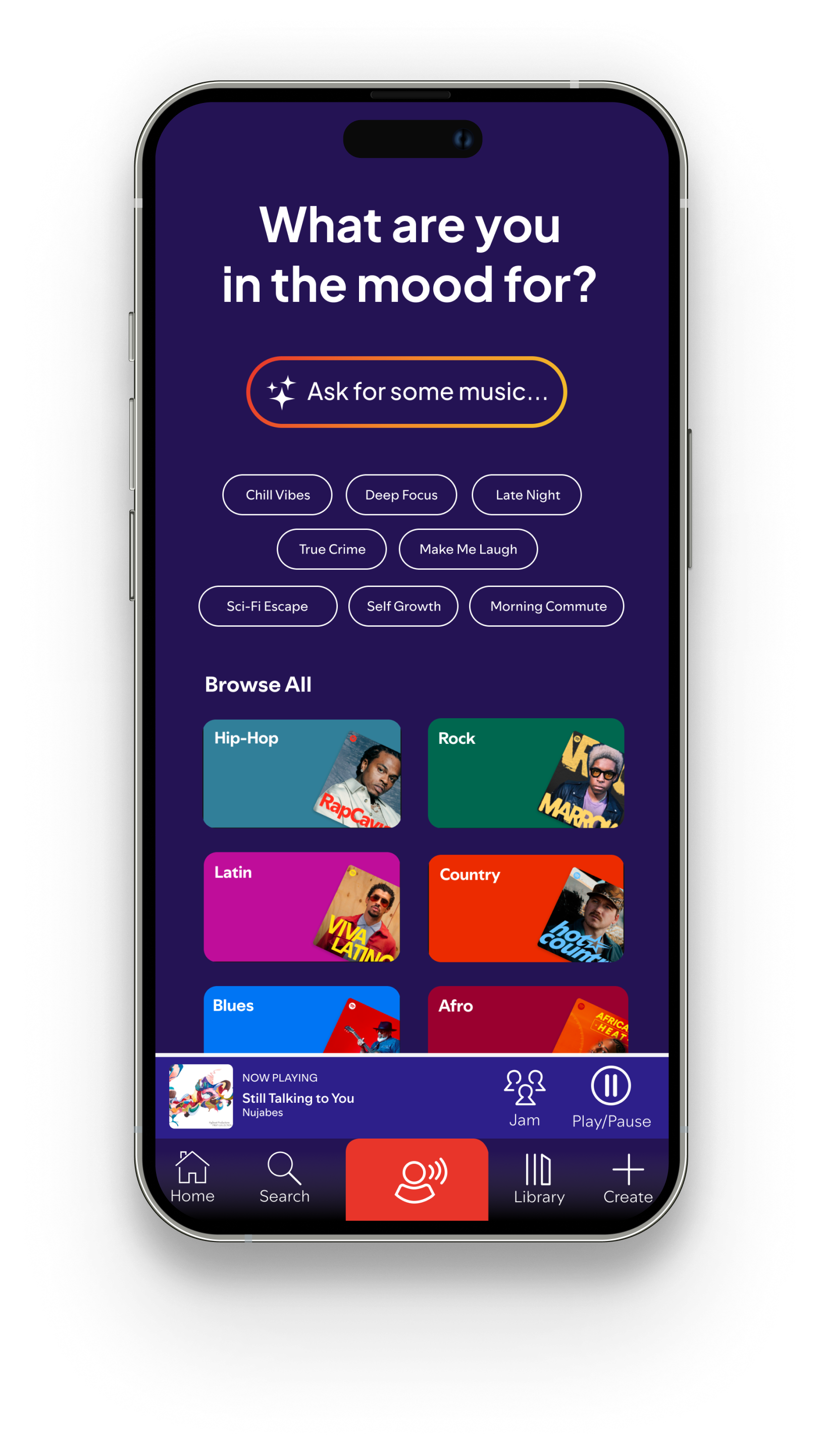 Mobile AI search screen, with category pills across the top.