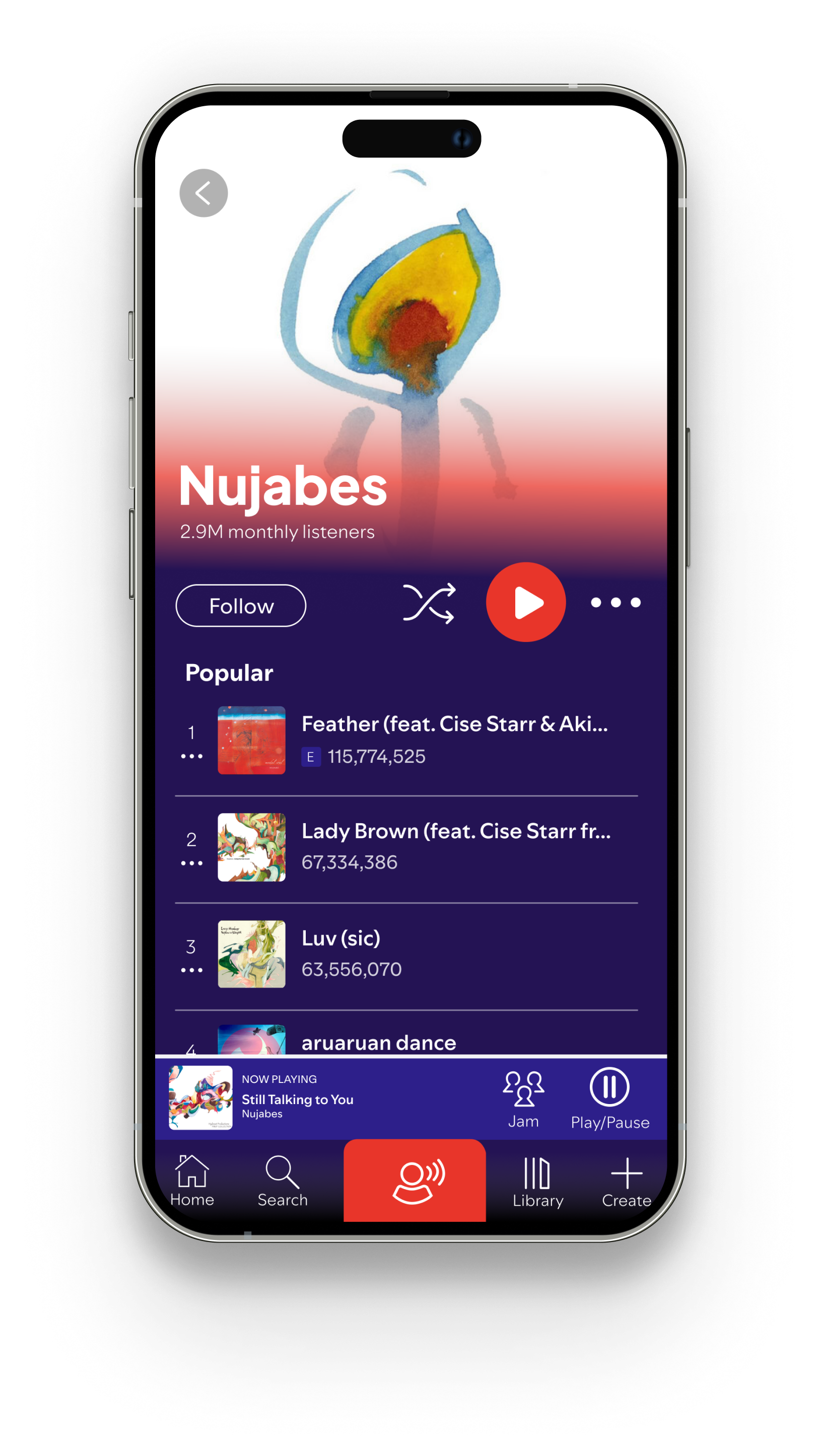 Mobile artist page, the gradient drawn from the cover art.