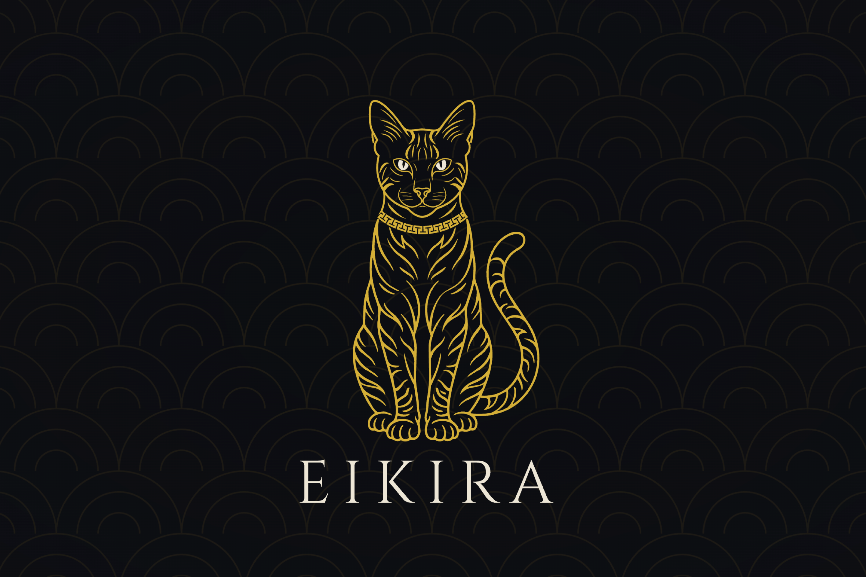 EIKIRA&rsquo;s parent mark: a gold line-drawn cat seated front-on in a Greek-key collar, above the EIKIRA wordmark in ivory, on a dark seigaiha wave pattern.