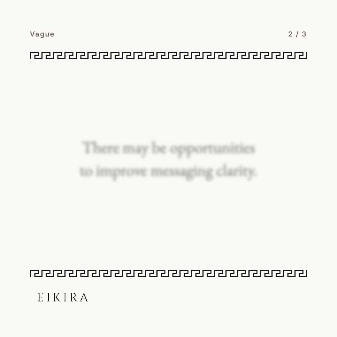 Post 6, card 2 of 3, labeled Vague: “There may be opportunities to improve messaging clarity,” still slightly out of focus.